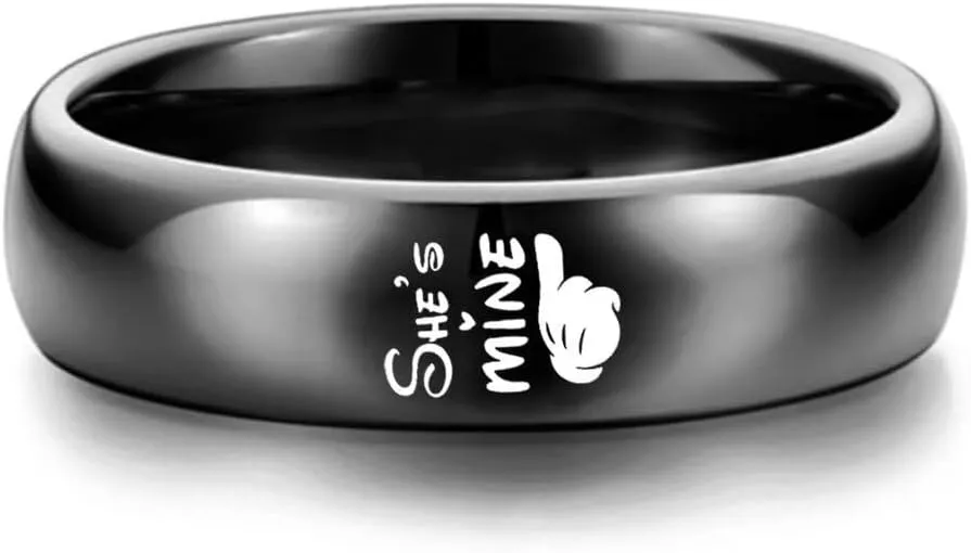 LWJYX He's Mine She's Mine Couple Ring Anniversary Promise Wedding Bands Stainless Steel Lovers Ring 6mm Black Size 6-13