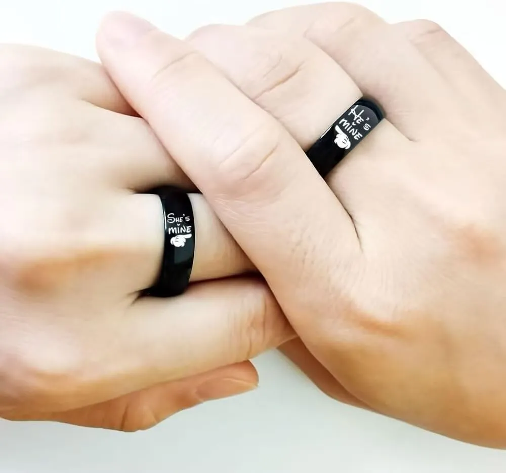 LWJYX He's Mine She's Mine Couple Ring Anniversary Promise Wedding Bands Stainless Steel Lovers Ring 6mm Black Size 6-13