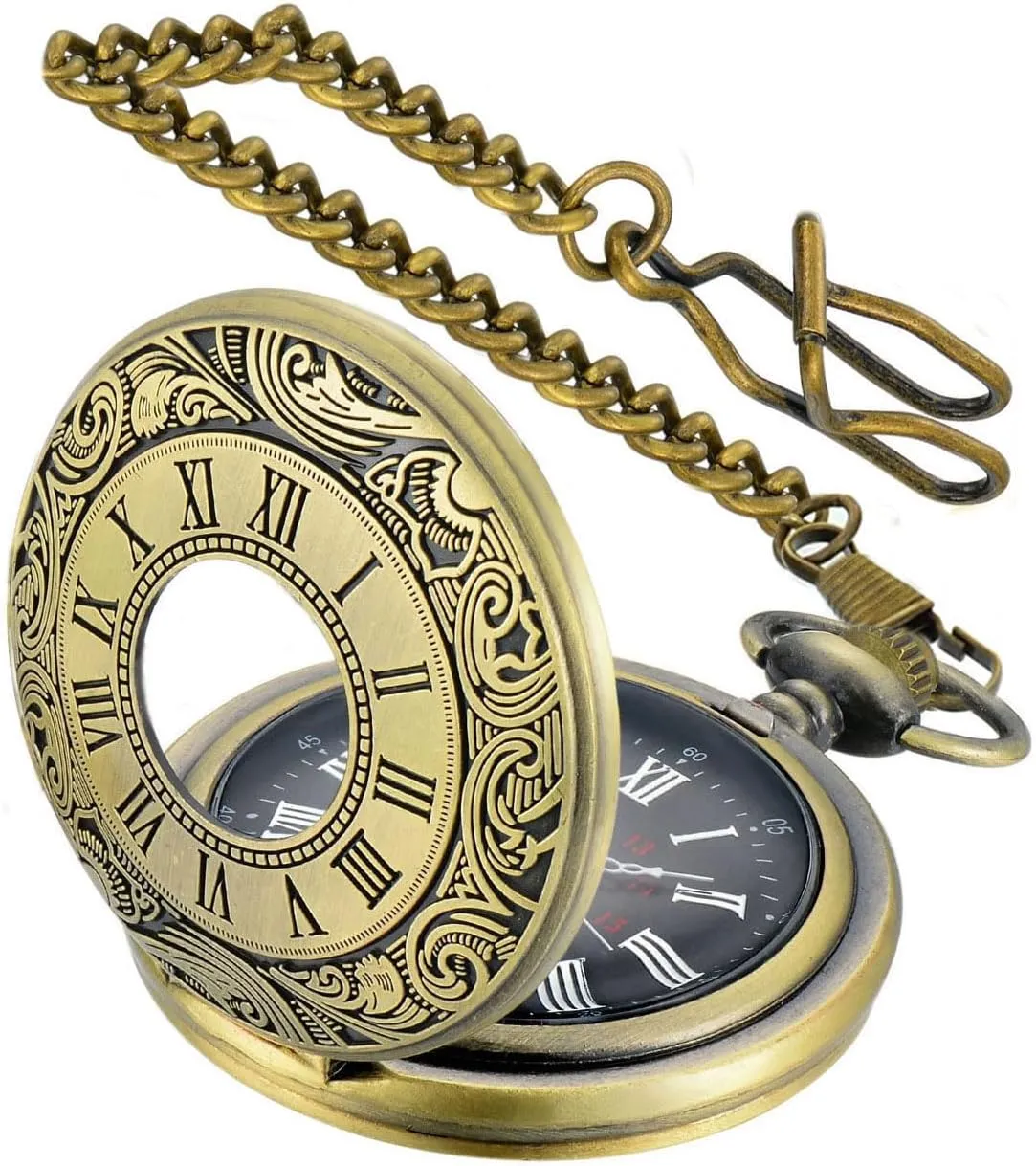 LYMFHCH Vintage Pocket Watch Roman Numerals Scale Quartz Pocket Watches with Chain Christmas Graduation Birthday Gifts Fathers Day