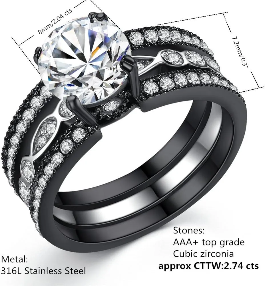 MABELLA Couple Rings Black Mens Titanium Matching Band Women CZ Stainless Steel Engagement Wedding Sets