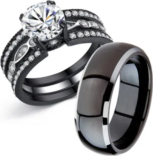 MABELLA Couple Rings Black Mens Titanium Matching Band Women CZ Stainless Steel Engagement Wedding Sets