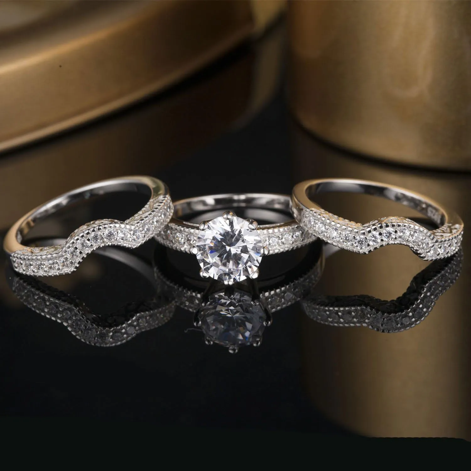MABELLA Couples Rings Her Halo CZ Sterling Silver Engagement Wedding Ring Sets His Stainless Steel Bands