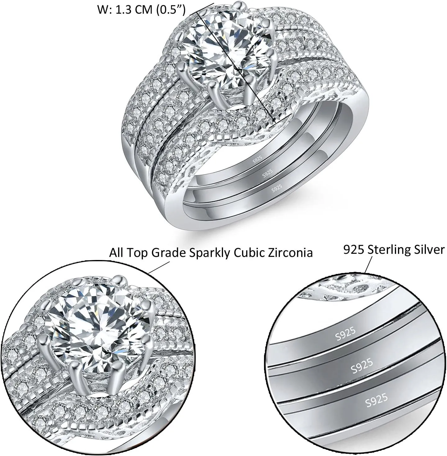 MABELLA Couples Rings Her Halo CZ Sterling Silver Engagement Wedding Ring Sets His Stainless Steel Bands