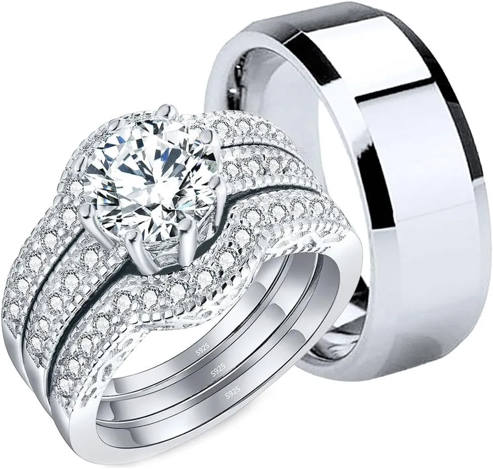 MABELLA Couples Rings Her Halo CZ Sterling Silver Engagement Wedding Ring Sets His Stainless Steel Bands