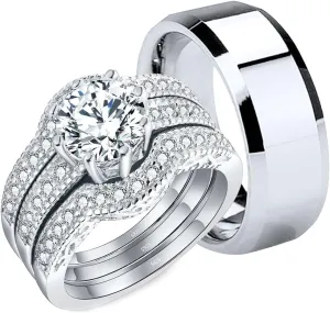 MABELLA Couples Rings Her Halo CZ Sterling Silver Engagement Wedding Ring Sets His Stainless Steel Bands