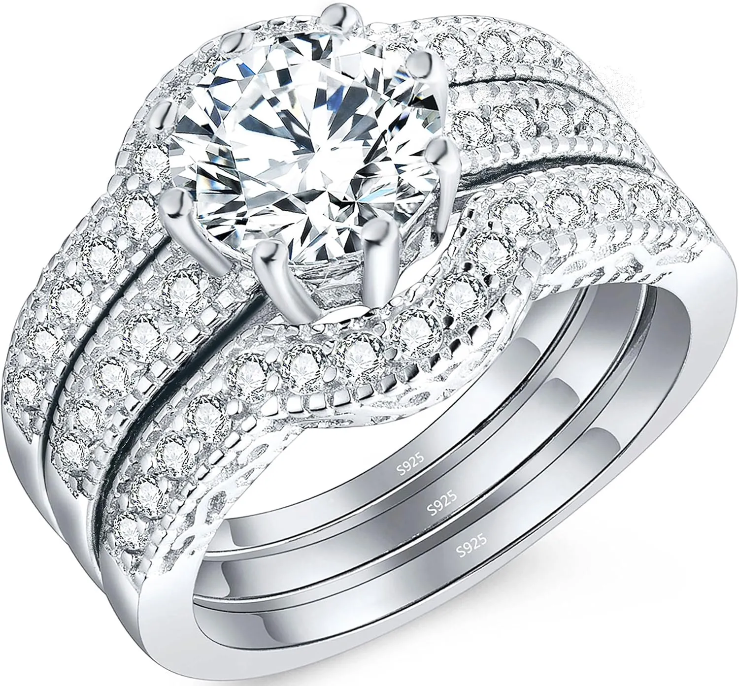 MABELLA Couples Rings Her Halo CZ Sterling Silver Engagement Wedding Ring Sets His Stainless Steel Bands