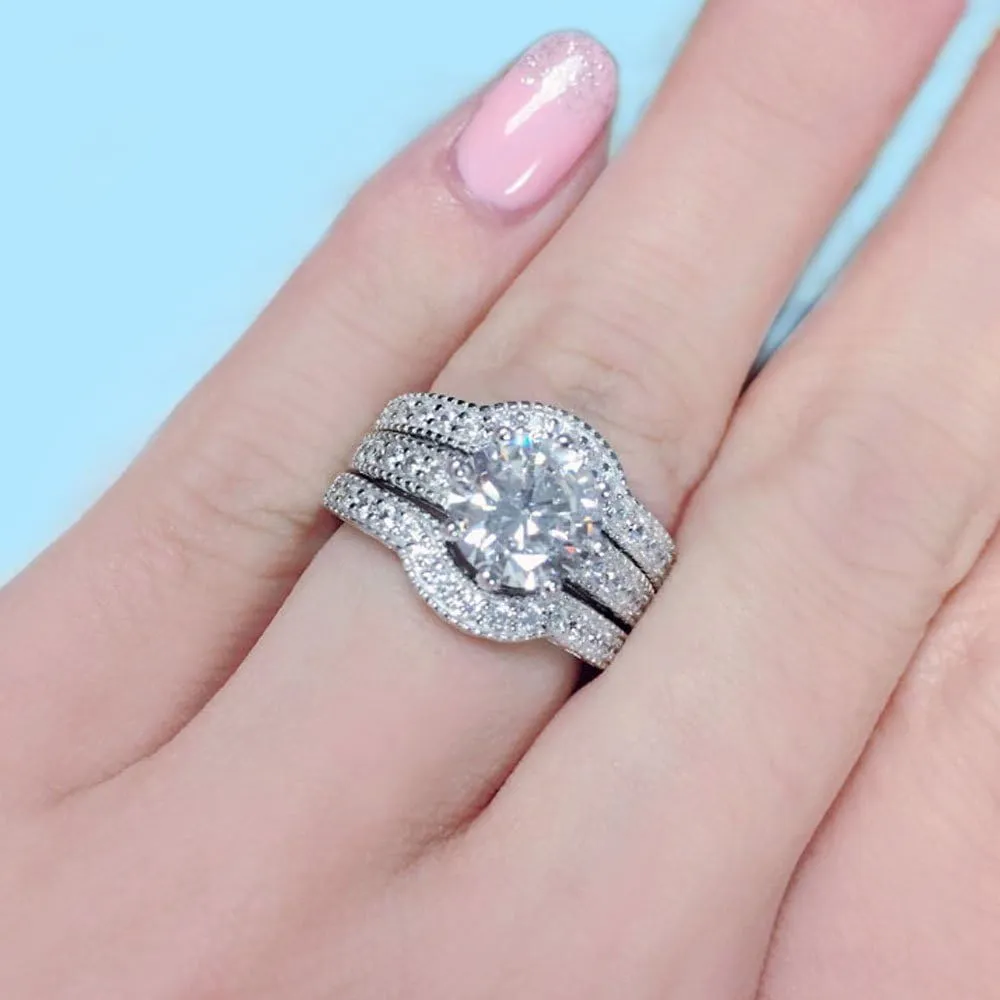 MABELLA Couples Rings Her Halo CZ Sterling Silver Engagement Wedding Ring Sets His Stainless Steel Bands