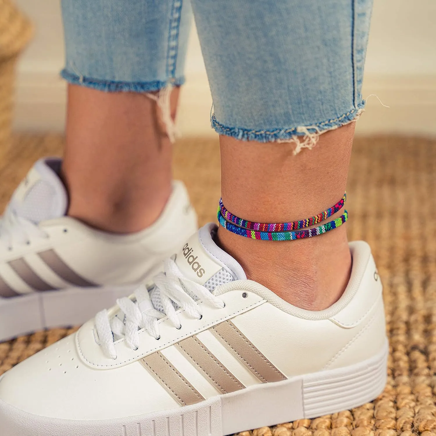 Made by Nami 2 Pcs Surfer Anklet Set Waterproof and Adjustable Braided Anklets for Women and Men Boho Ankle Bracelet Set of 2 for Ethnic Hippie Style (Turquoise & Deep Multi)