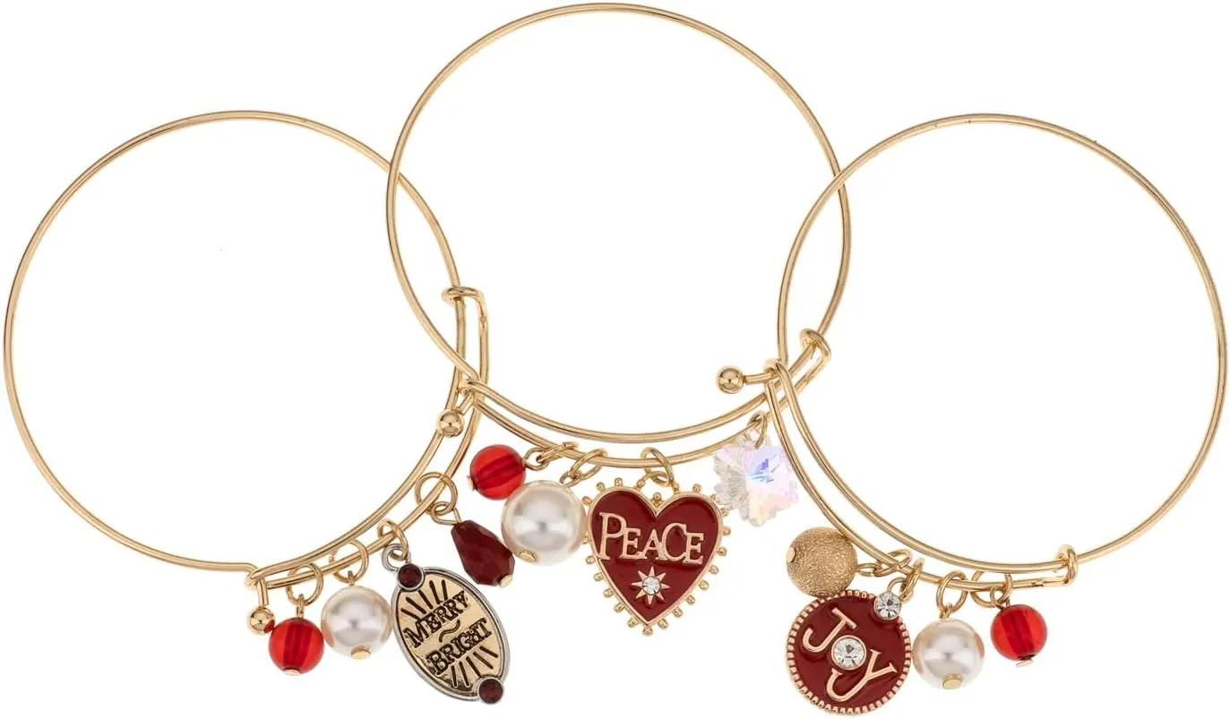 Madison Tyler Christmas Charms 3 PCS Bangle Bracelet Set Gold Plated | Christmas Charms Cheer Shiny Jewelry for Women | Holiday Gifts for Kids and Grils.