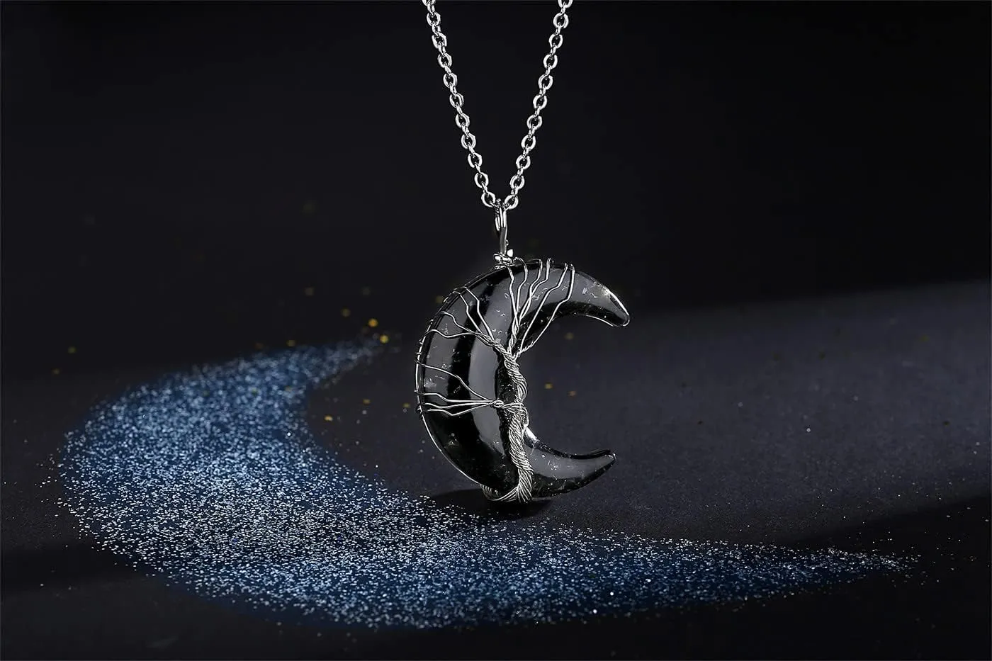 MAIBAOTA Healing Crystal Necklace, Tree Life Wire Wrapped Crescent Moon Necklace, Natural Stone Pendant Necklaces, Mothers Day Gifts for Mom, Gemstone Jewelry Gifts for Women