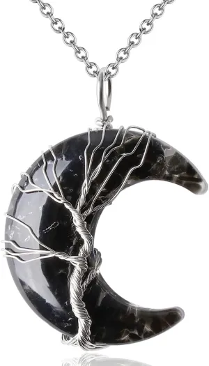 MAIBAOTA Healing Crystal Necklace, Tree Life Wire Wrapped Crescent Moon Necklace, Natural Stone Pendant Necklaces, Mothers Day Gifts for Mom, Gemstone Jewelry Gifts for Women