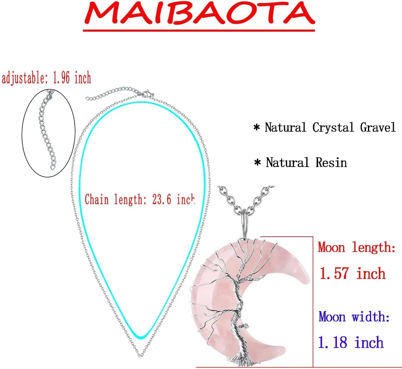 MAIBAOTA Healing Crystal Necklace, Tree Life Wire Wrapped Crescent Moon Necklace, Natural Stone Pendant Necklaces, Mothers Day Gifts for Mom, Gemstone Jewelry Gifts for Women