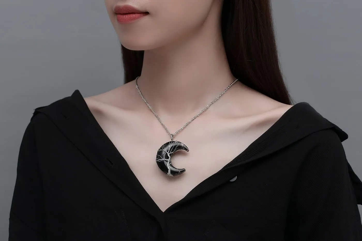 MAIBAOTA Healing Crystal Necklace, Tree Life Wire Wrapped Crescent Moon Necklace, Natural Stone Pendant Necklaces, Mothers Day Gifts for Mom, Gemstone Jewelry Gifts for Women