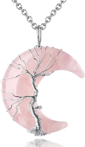 MAIBAOTA Healing Crystal Necklace, Tree Life Wire Wrapped Crescent Moon Necklace, Natural Stone Pendant Necklaces, Mothers Day Gifts for Mom, Gemstone Jewelry Gifts for Women