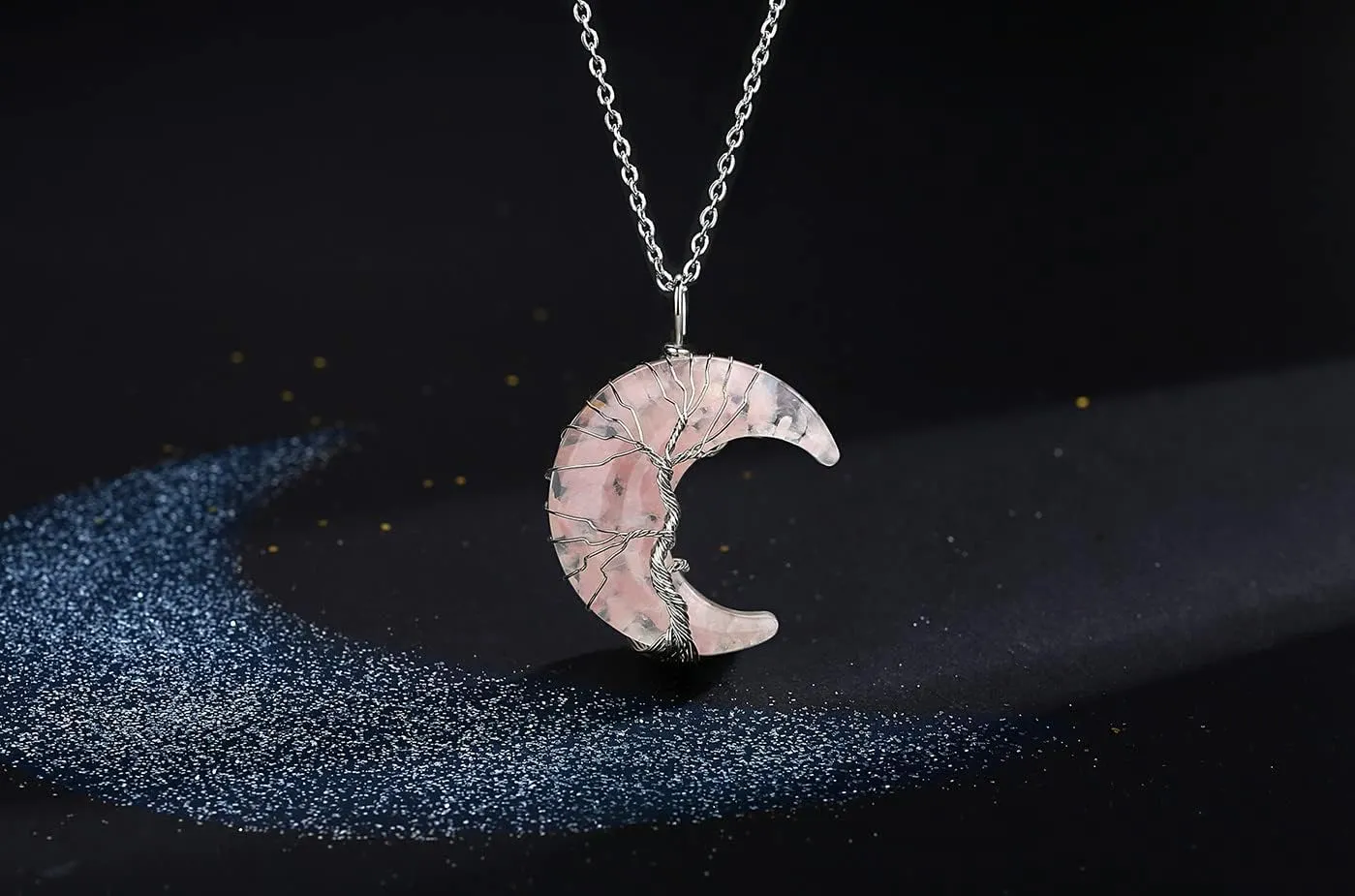 MAIBAOTA Healing Crystal Necklace, Tree Life Wire Wrapped Crescent Moon Necklace, Natural Stone Pendant Necklaces, Mothers Day Gifts for Mom, Gemstone Jewelry Gifts for Women
