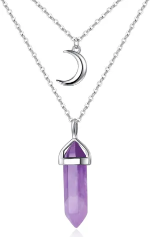 MAIBAOTA Healing Crystal Stone Point Necklace Layered Crescent Moon Pendant Necklaces Spiritual Reiki Witch Gemstone Quartz Jewelry for Women