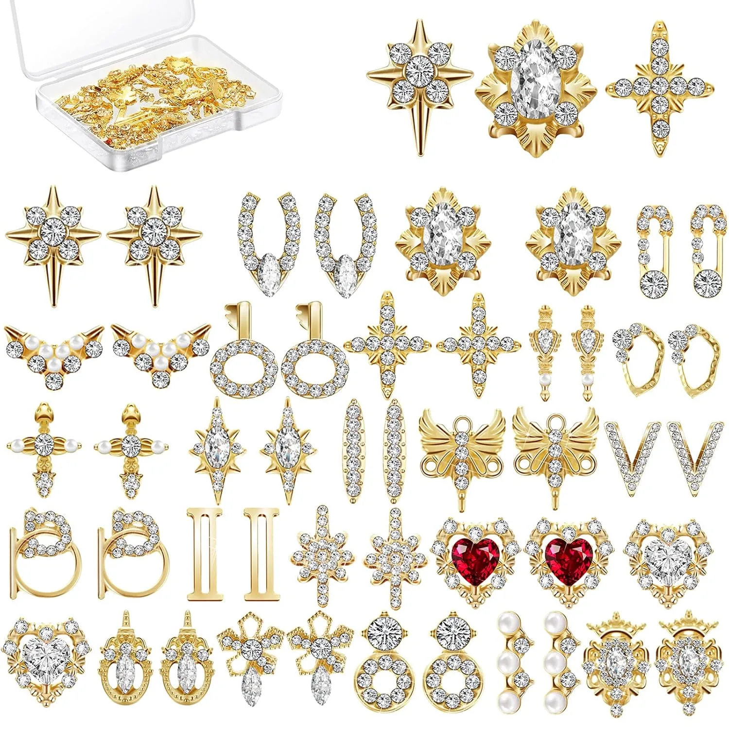 Maitys 48 Pcs Charms Gold 3D Nail Gems Heart Rhinestones Shiny Diamonds Metal Crystals Jewelry Luxury Decoration with Storage Box for Women DIY Hand Beauty, 24 Styles