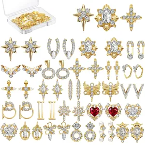 Maitys 48 Pcs Charms Gold 3D Nail Gems Heart Rhinestones Shiny Diamonds Metal Crystals Jewelry Luxury Decoration with Storage Box for Women DIY Hand Beauty, 24 Styles