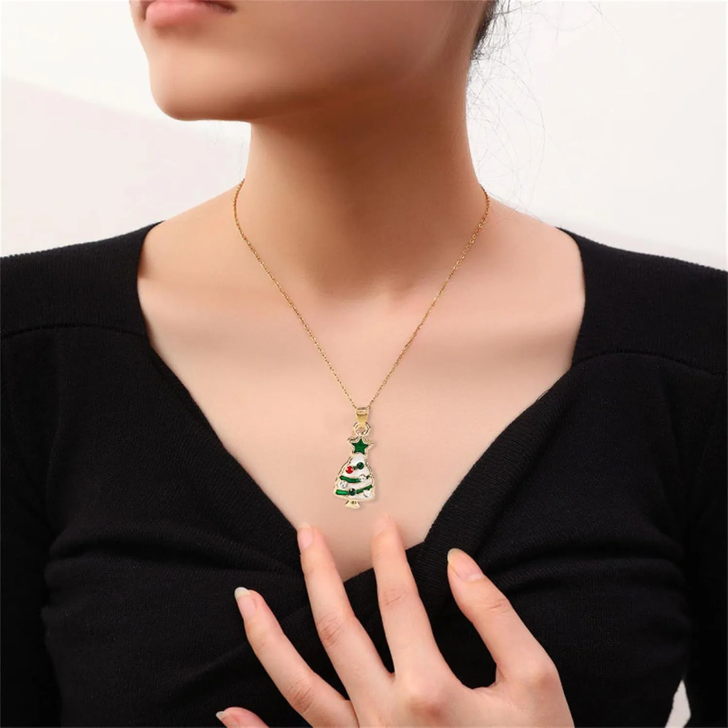 MALOYANVE Unique Crystal Christmas Necklace Cute Sparkly Glitter Santa Hat Jingling Bell Tree Snowman Snowflake Rhinestone Lightweight Pendant Necklace Festival Holiday Jewelry for Women