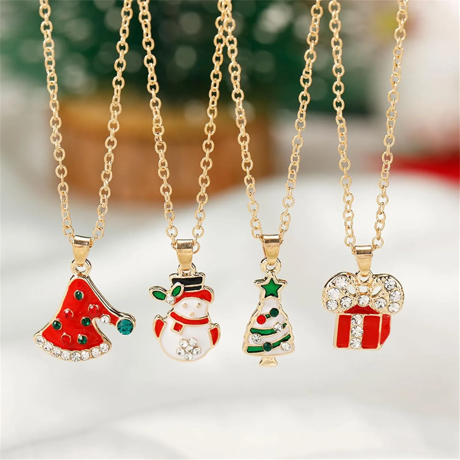 MALOYANVE Unique Crystal Christmas Necklace Cute Sparkly Glitter Santa Hat Jingling Bell Tree Snowman Snowflake Rhinestone Lightweight Pendant Necklace Festival Holiday Jewelry for Women