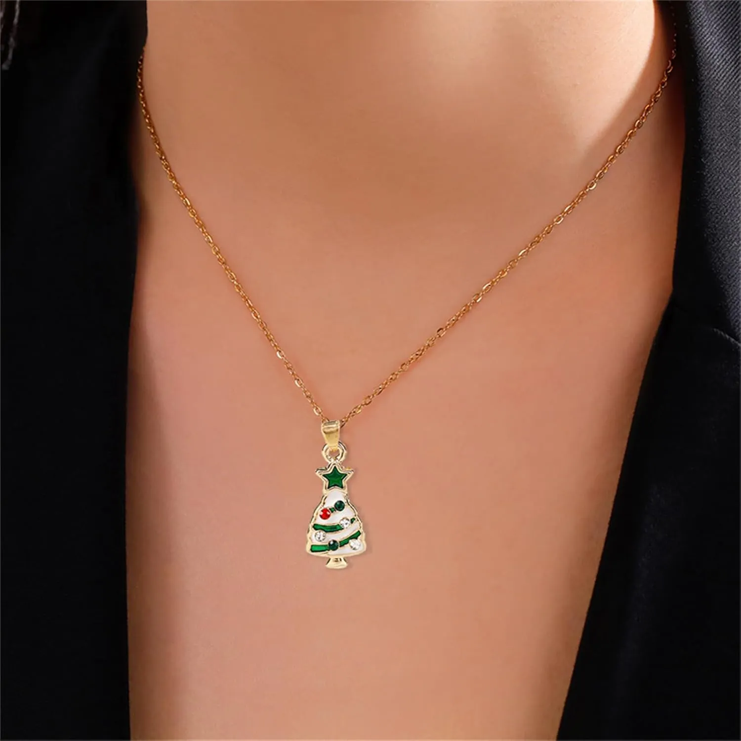 MALOYANVE Unique Crystal Christmas Necklace Cute Sparkly Glitter Santa Hat Jingling Bell Tree Snowman Snowflake Rhinestone Lightweight Pendant Necklace Festival Holiday Jewelry for Women
