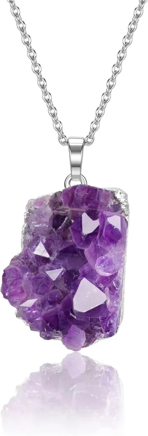 MANIFO Amethyst Raw Crystals Stone Necklace Healing Crystal Cluster Druzy Gemstone Pendant Necklaces for Women Silver