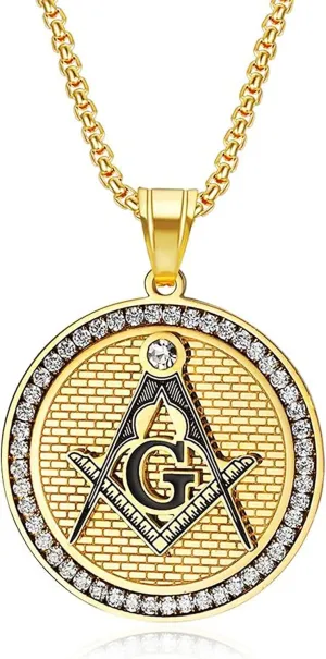 Masonic Chain for Men Iced Out Pendant Christian Cross Round Pendant Necklace Religion Style Hip Hop Punk Rock Clubs Disco men jewelry Cuban Link chain for men things for teens