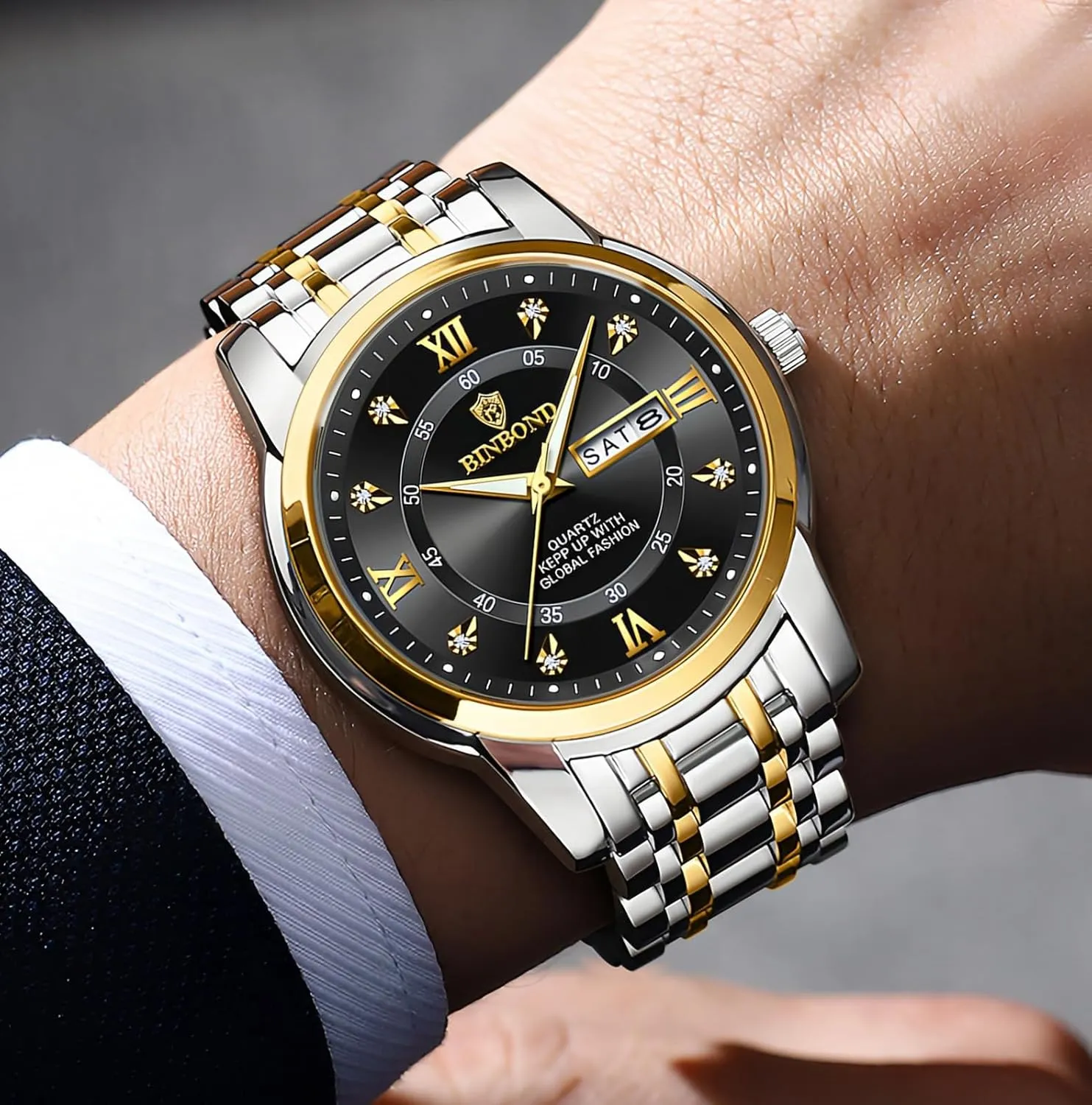 MASTOP Business Watch for Man Luxury Diamond Watch Luminous Date Week Quartz Analog Stainless Steel Sports Classic Elegant Men's Dress Watches Roman Numeral with Tool