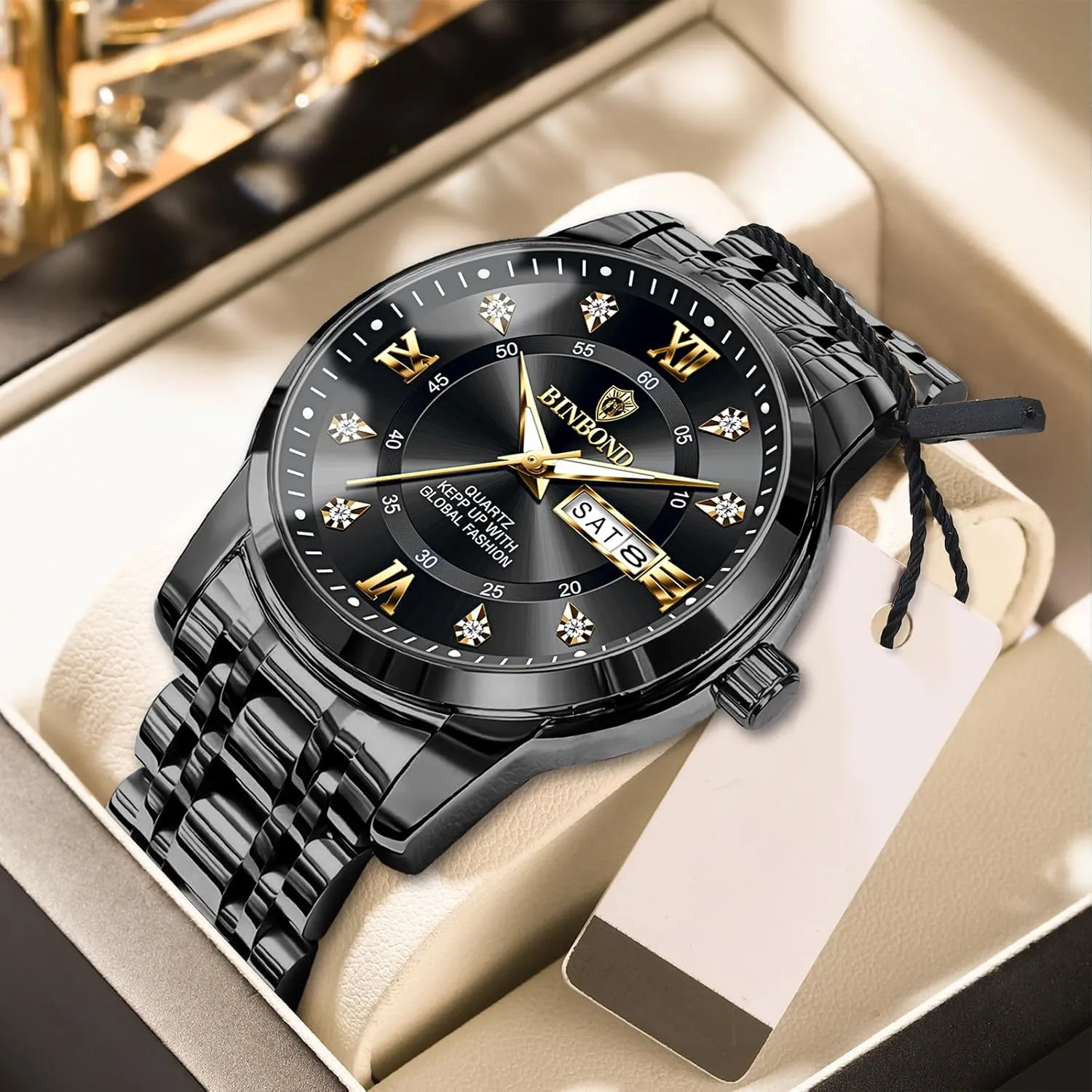 MASTOP Business Watch for Man Luxury Diamond Watch Luminous Date Week Quartz Analog Stainless Steel Sports Classic Elegant Men's Dress Watches Roman Numeral with Tool