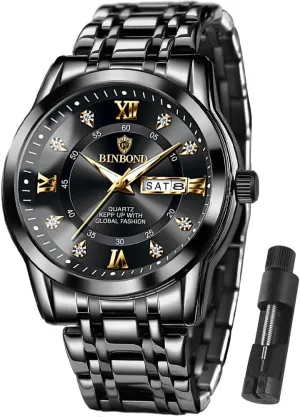 MASTOP Business Watch for Man Luxury Diamond Watch Luminous Date Week Quartz Analog Stainless Steel Sports Classic Elegant Men's Dress Watches Roman Numeral with Tool