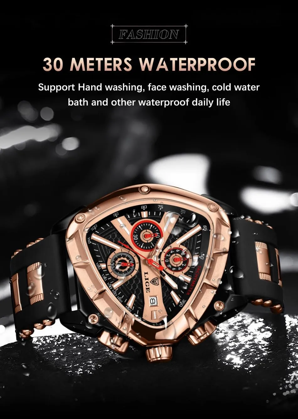 MASTOP Luxury Chronograph Watch for Men  Unique Triangular Dial, Luminous Hands, Waterproof Date Sports Wristwatch with Silicone Band  Silver & Gold Options