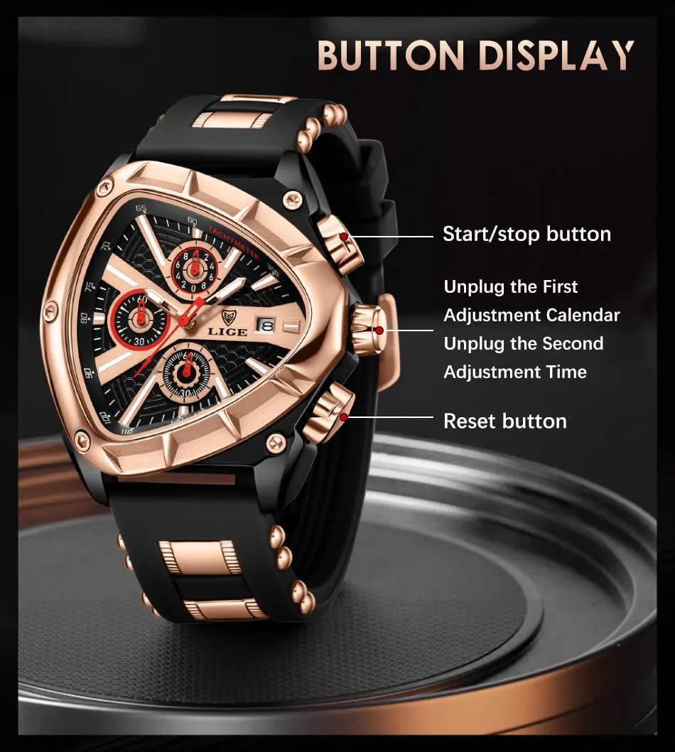 MASTOP Luxury Chronograph Watch for Men  Unique Triangular Dial, Luminous Hands, Waterproof Date Sports Wristwatch with Silicone Band  Silver & Gold Options