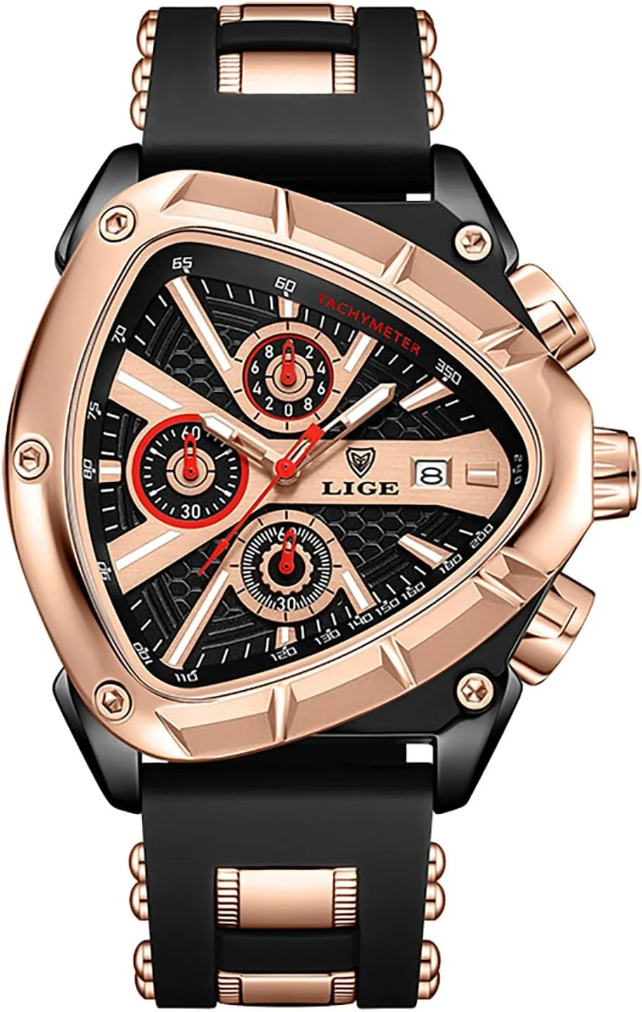 MASTOP Luxury Chronograph Watch for Men  Unique Triangular Dial, Luminous Hands, Waterproof Date Sports Wristwatch with Silicone Band  Silver & Gold Options