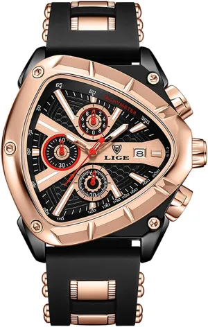 MASTOP Luxury Chronograph Watch for Men  Unique Triangular Dial, Luminous Hands, Waterproof Date Sports Wristwatch with Silicone Band  Silver & Gold Options