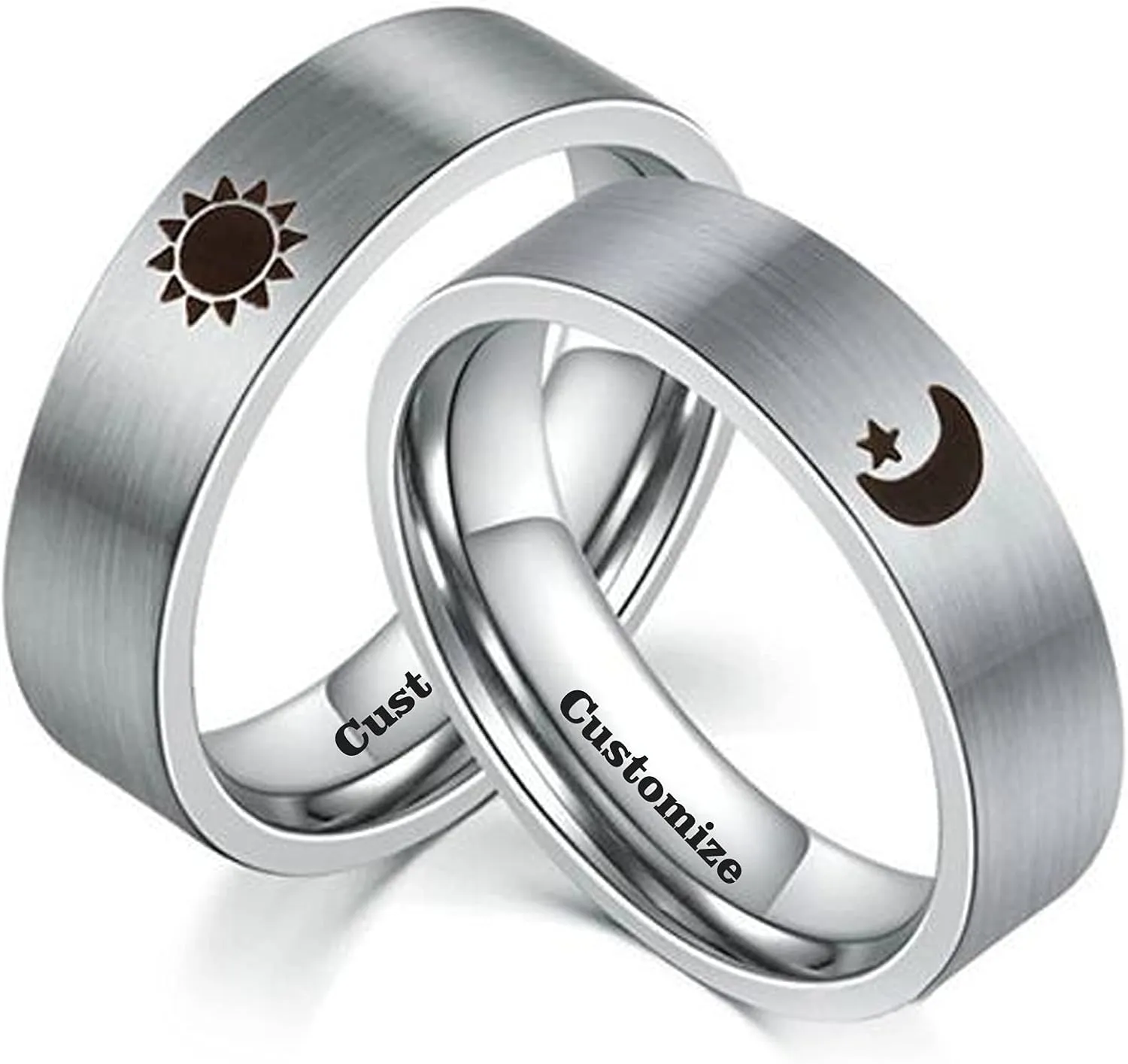 Matching Sun and Moon Rings for Couples Stainless Steel,Promise Couples Rings for Him and Her Set Engraved,Customized Wedding Bands for Women,Personalized Jewelry Gifts for Couples Customizable