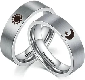 Matching Sun and Moon Rings for Couples Stainless Steel,Promise Couples Rings for Him and Her Set Engraved,Customized Wedding Bands for Women,Personalized Jewelry Gifts for Couples Customizable