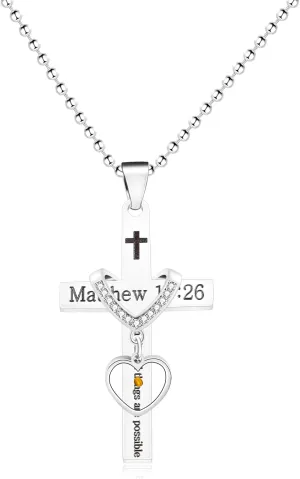 Matthew 19:26 Removable Heart-shaped Mustard Seed Charm Cross Stainless Steel Necklace for Women Men with Bible Verse Religious Faith Jewelry for Everyday Wear or Church