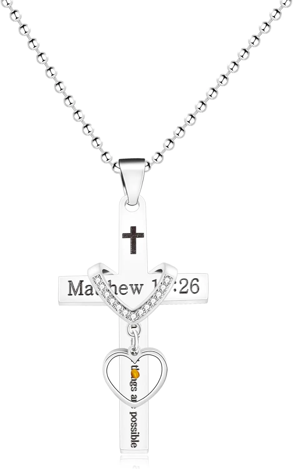 Matthew 19:26 Removable Heart-shaped Mustard Seed Charm Cross Stainless Steel Necklace for Women Men with Bible Verse Religious Faith Jewelry for Everyday Wear or Church