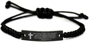 Matthew 6:33 Bracelet Men Women, Black Rope Bracelet, Seek First His Kingdom, Gifts for Birthday Valentines Christmas Christian Bible Verse Religious Quote Jewelry