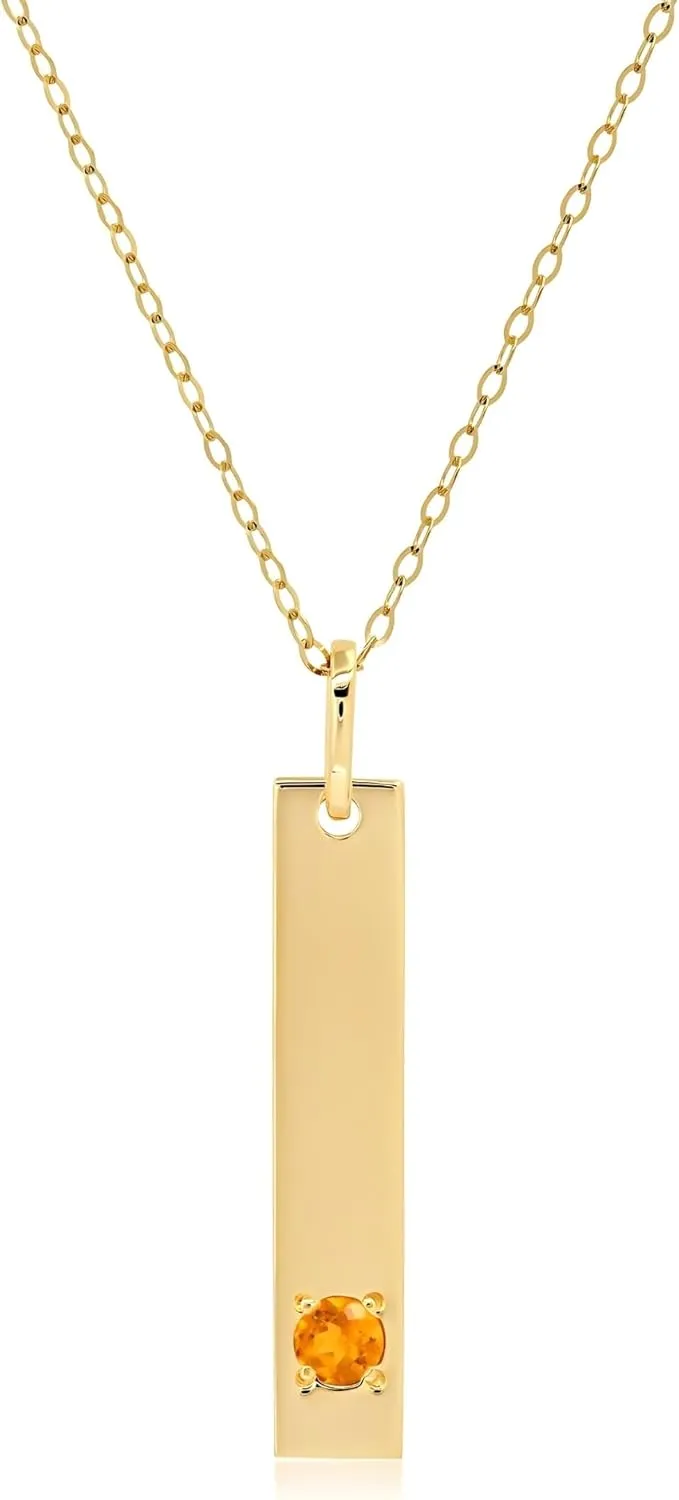 MAX   STONE 14k White or Yellow Gold Bar Pendant Necklace for Women with 3mm Small Round Gemstone on 16 to 18 Inches Adjustable Cable Chain with Spring Ring Clasp Birthstone