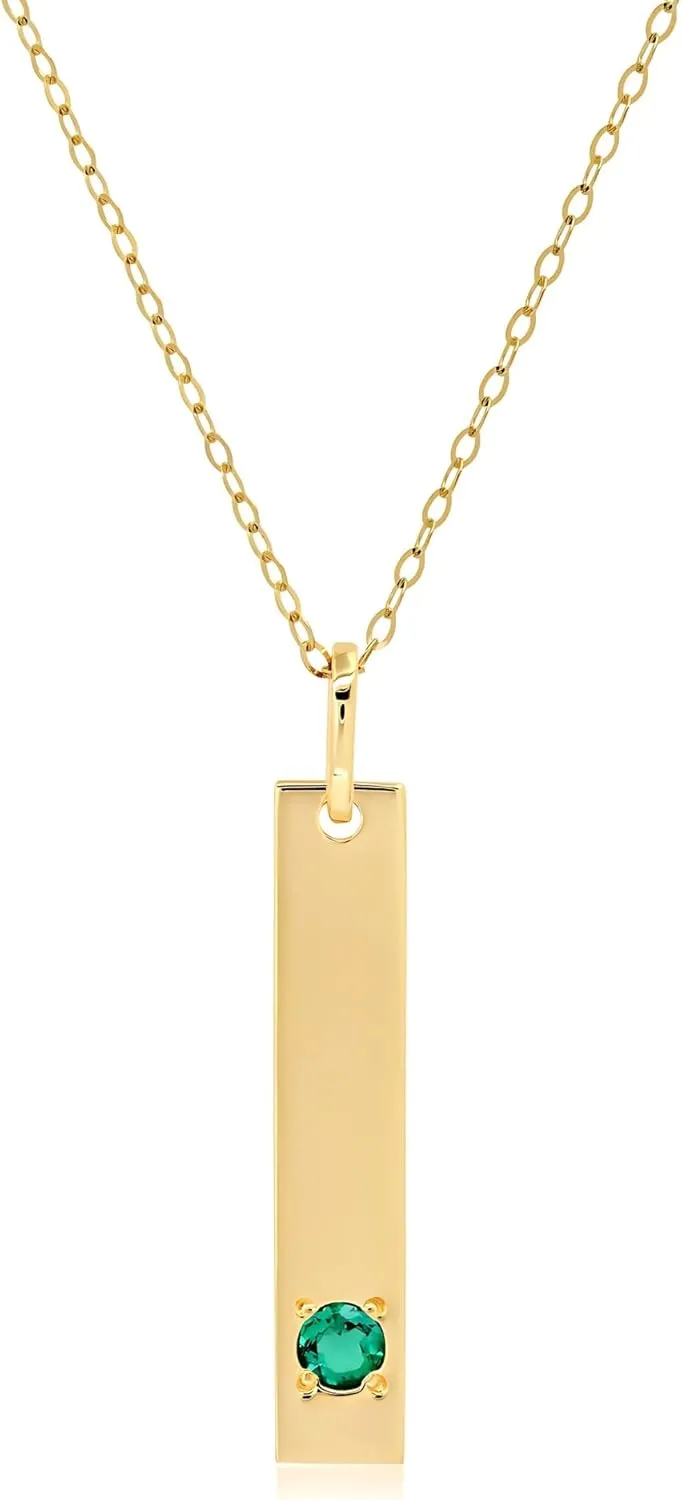 MAX   STONE 14k White or Yellow Gold Bar Pendant Necklace for Women with 3mm Small Round Gemstone on 16 to 18 Inches Adjustable Cable Chain with Spring Ring Clasp Birthstone