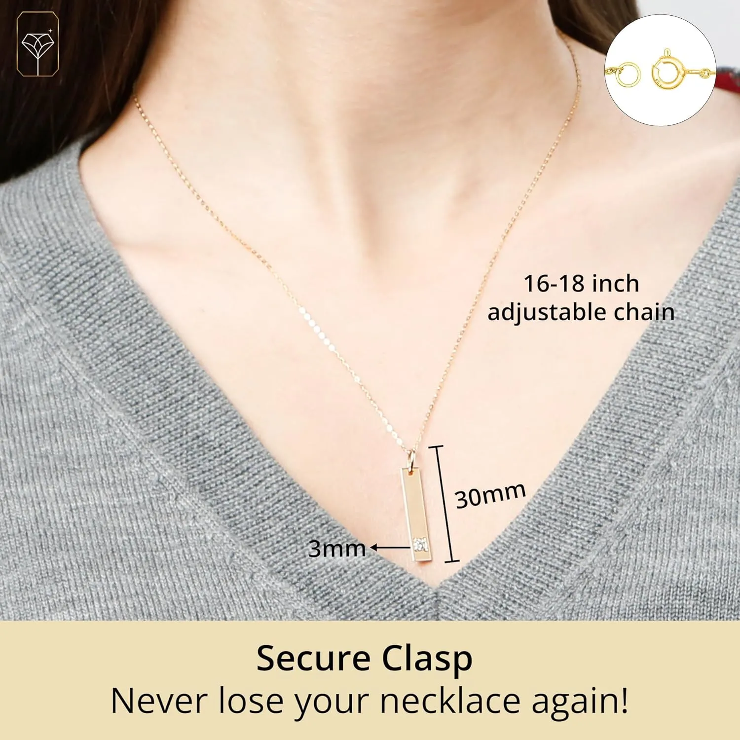 MAX   STONE 14k White or Yellow Gold Bar Pendant Necklace for Women with 3mm Small Round Gemstone on 16 to 18 Inches Adjustable Cable Chain with Spring Ring Clasp Birthstone