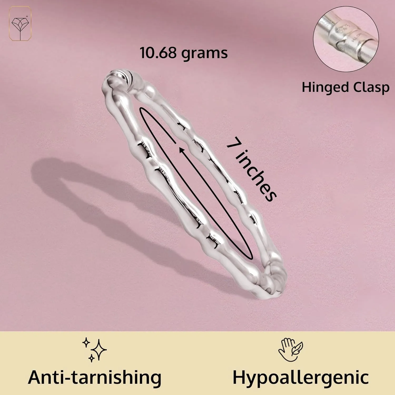 MAX   STONE Lightweight Hollow 925 Sterling Silver Bangle Bracelet for Women | 7 Inch Silver Bracelets with Hinged Clasp | Anti-tarnishing Hypoallergenic Silver Bangles for Women