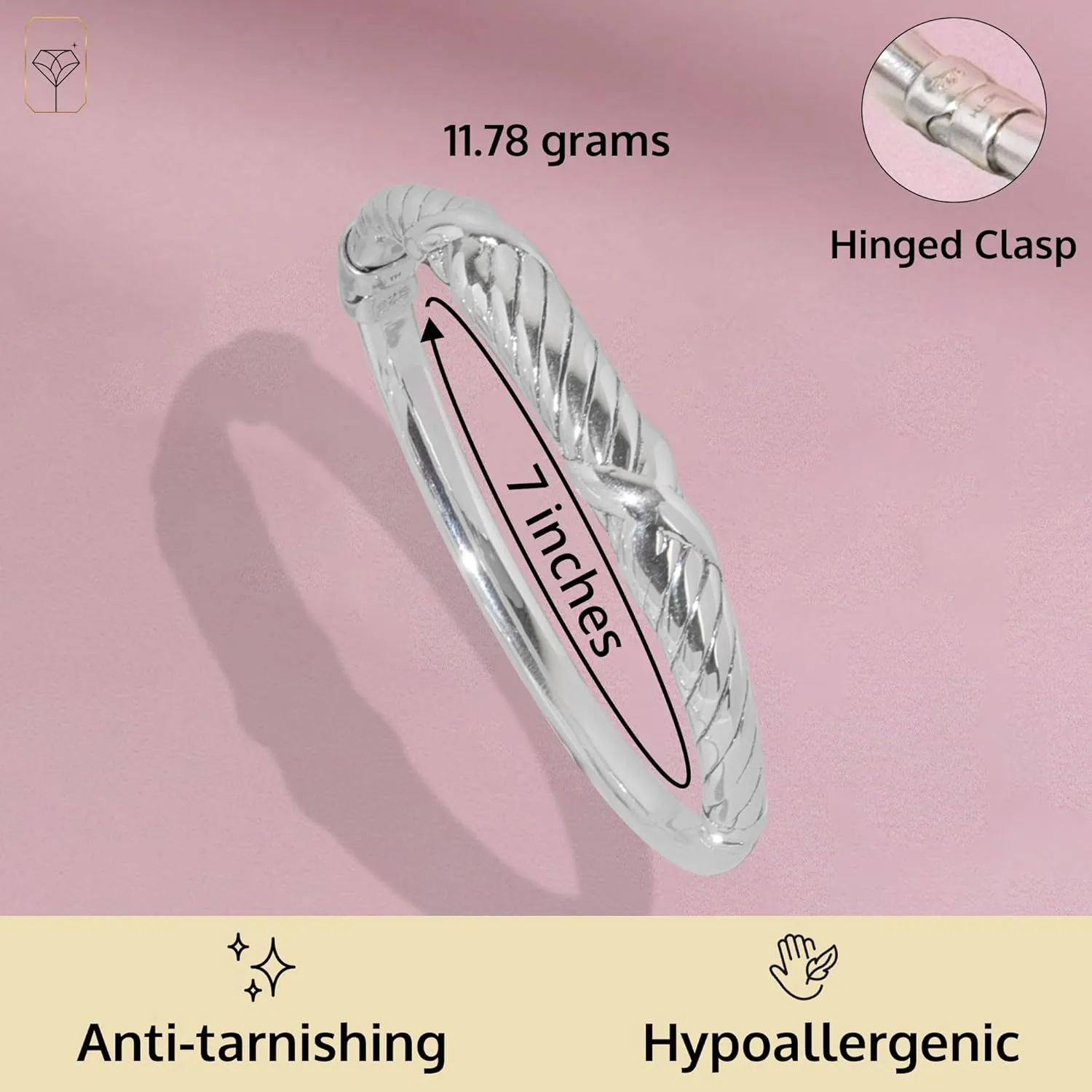 MAX   STONE Lightweight Hollow 925 Sterling Silver Bangle Bracelet for Women | 7 Inch Silver Bracelets with Hinged Clasp | Anti-tarnishing Hypoallergenic Silver Bangles for Women
