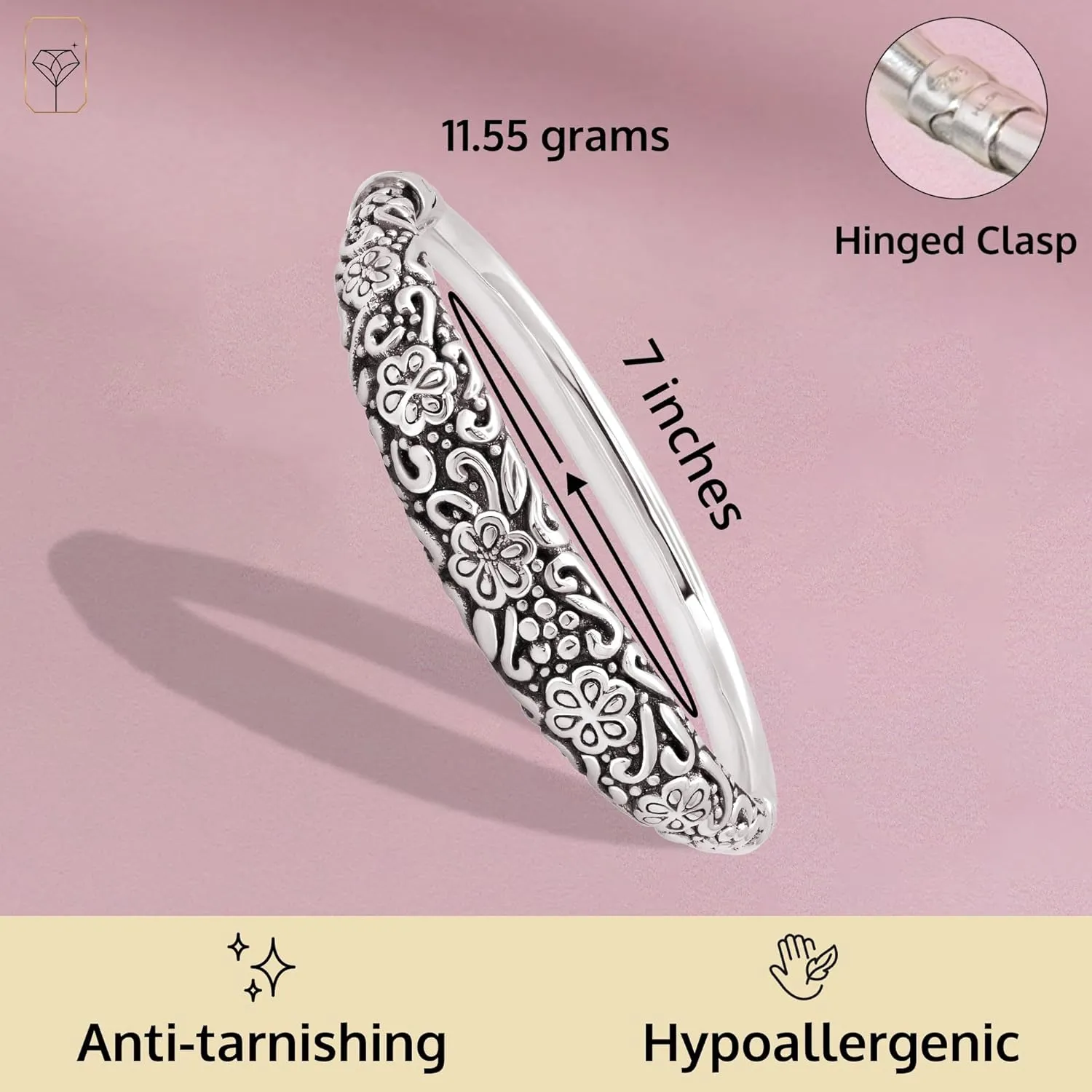 MAX   STONE Lightweight Hollow 925 Sterling Silver Bangle Bracelet for Women | 7 Inch Silver Bracelets with Hinged Clasp | Anti-tarnishing Hypoallergenic Silver Bangles for Women