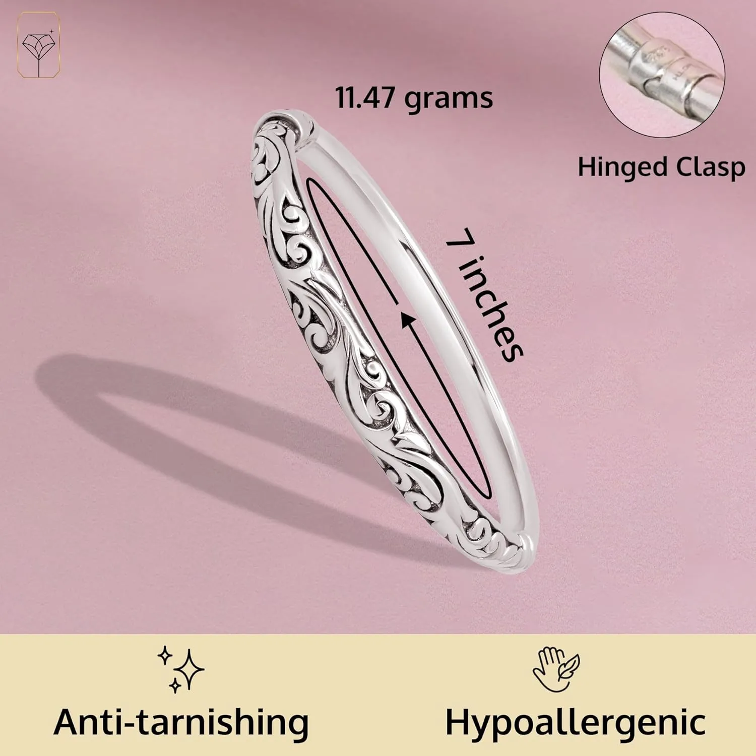 MAX   STONE Lightweight Hollow 925 Sterling Silver Bangle Bracelet for Women | 7 Inch Silver Bracelets with Hinged Clasp | Anti-tarnishing Hypoallergenic Silver Bangles for Women