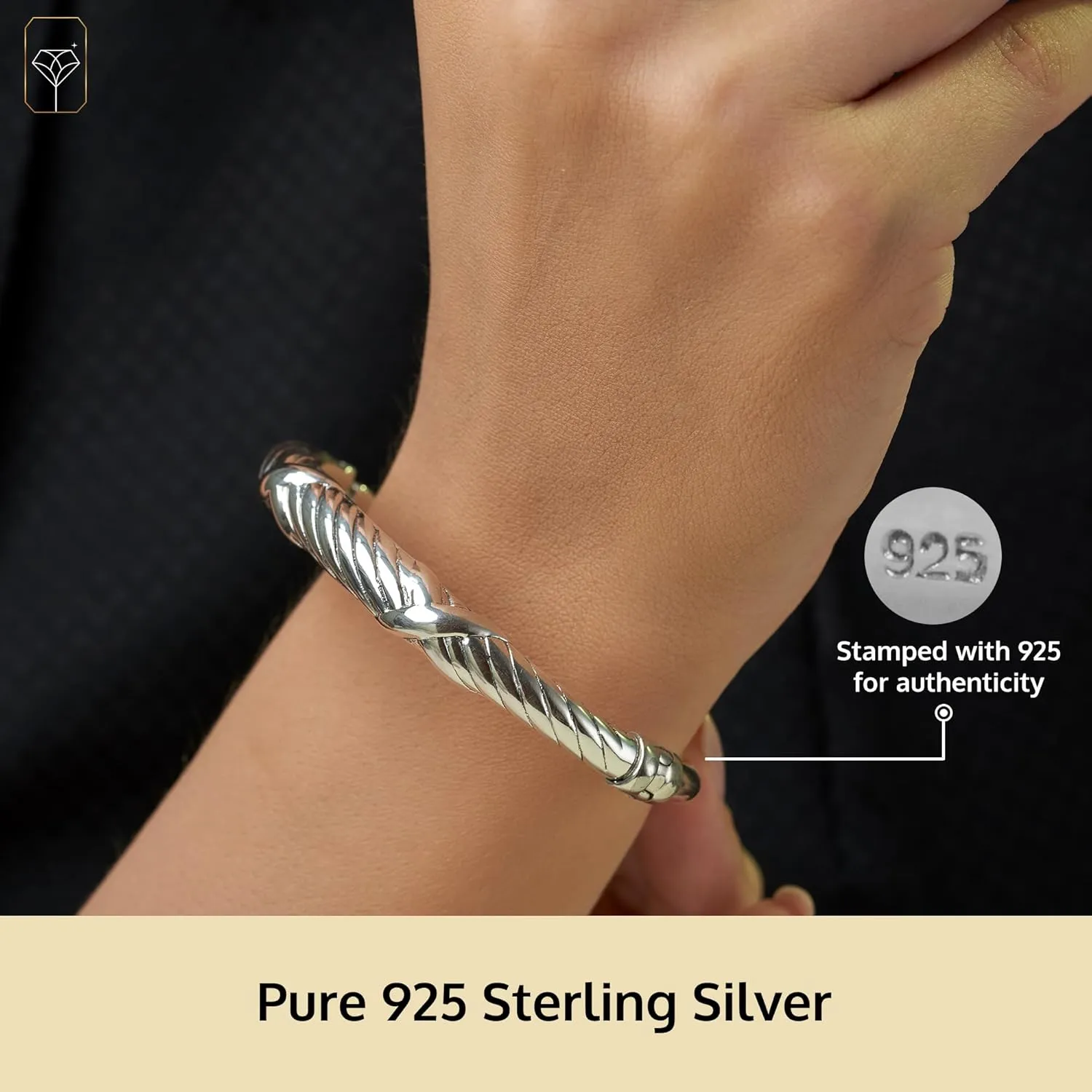 MAX   STONE Lightweight Hollow 925 Sterling Silver Bangle Bracelet for Women | 7 Inch Silver Bracelets with Hinged Clasp | Anti-tarnishing Hypoallergenic Silver Bangles for Women
