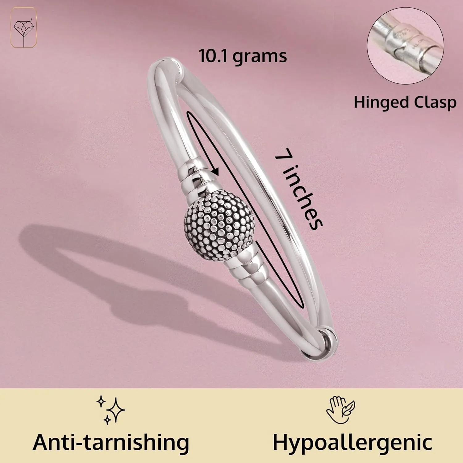 MAX   STONE Lightweight Hollow 925 Sterling Silver Bangle Bracelet for Women | 7 Inch Silver Bracelets with Hinged Clasp | Anti-tarnishing Hypoallergenic Silver Bangles for Women
