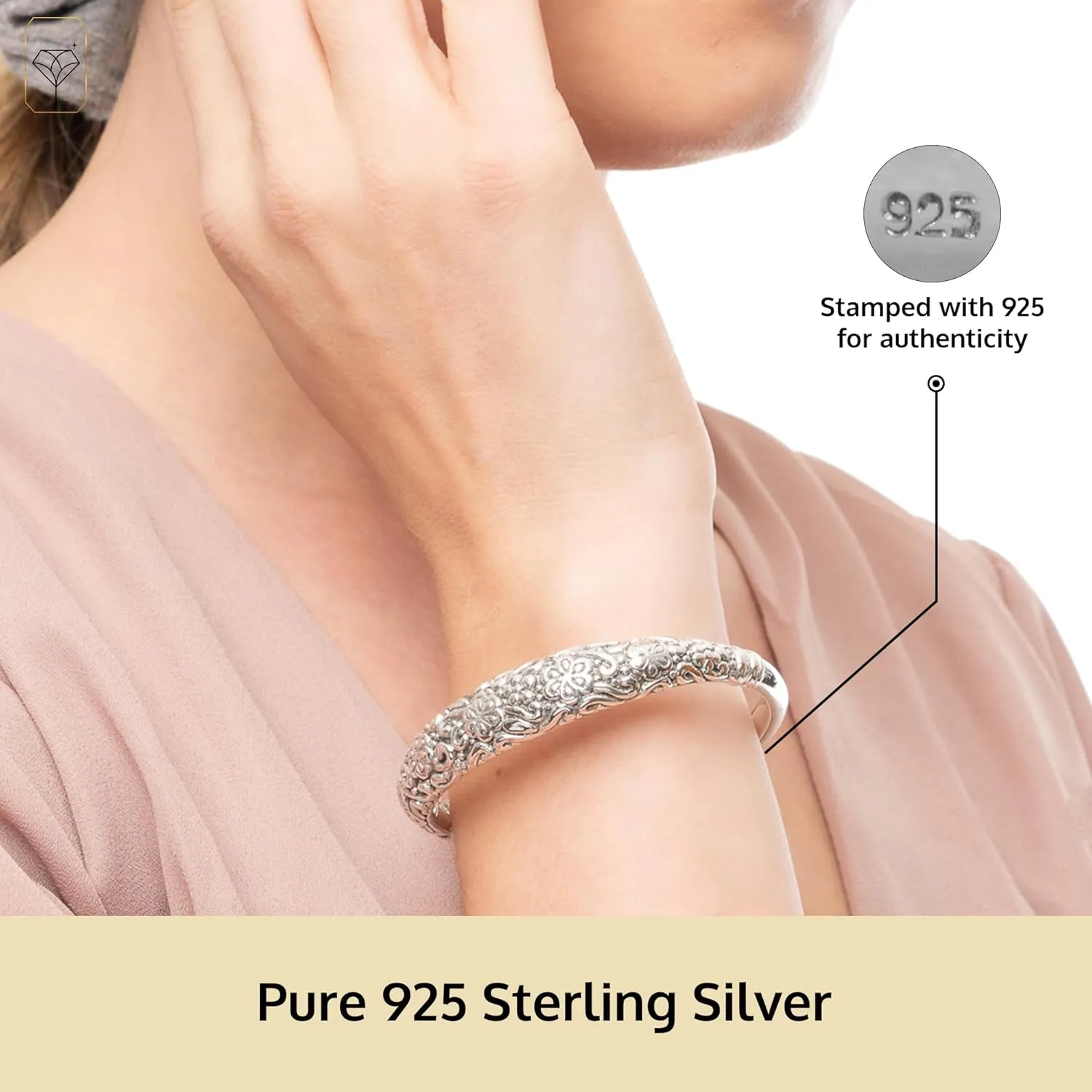 MAX   STONE Lightweight Hollow 925 Sterling Silver Bangle Bracelet for Women | 7 Inch Silver Bracelets with Hinged Clasp | Anti-tarnishing Hypoallergenic Silver Bangles for Women