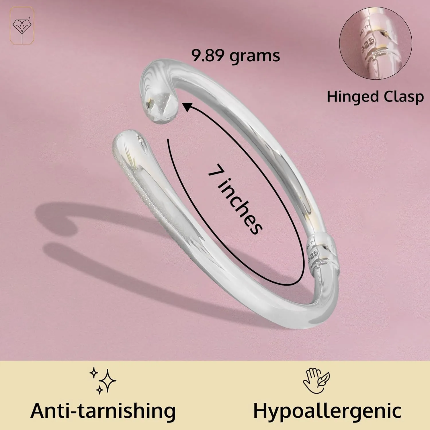 MAX   STONE Lightweight Hollow 925 Sterling Silver Bangle Bracelet for Women | 7 Inch Silver Bracelets with Hinged Clasp | Anti-tarnishing Hypoallergenic Silver Bangles for Women